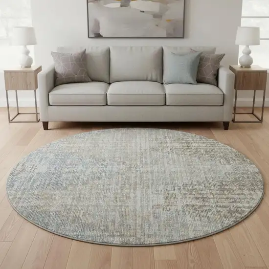 8' Beige And Gray Geometric Washable Round Rug With UV Protection Photo 2