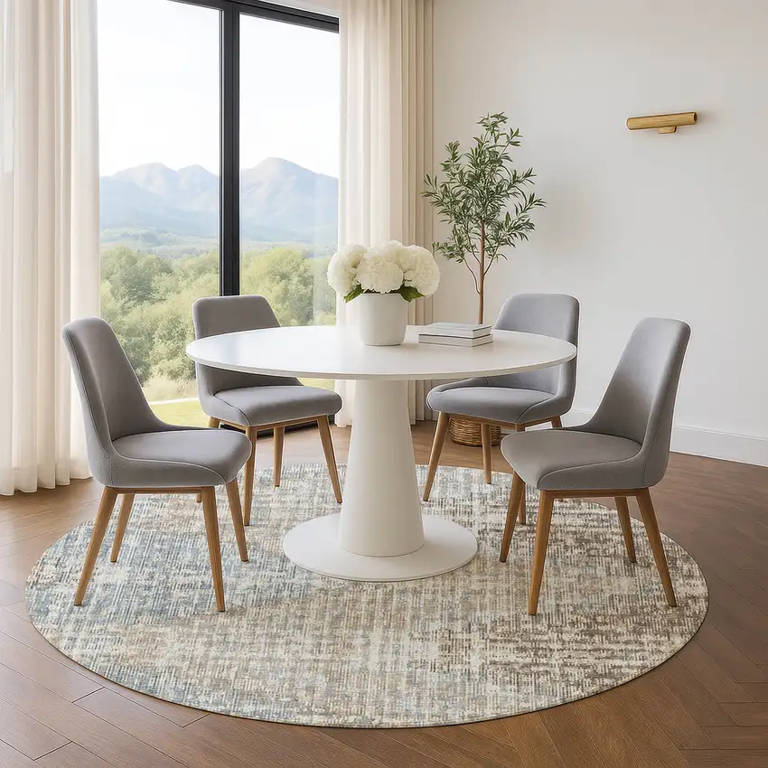 8' Beige And Gray Geometric Washable Round Rug With UV Protection Photo 5