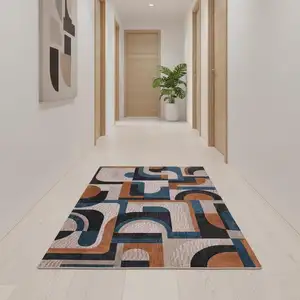 Photo of 10' Beige And Gray Geometric Washable Runner Rug