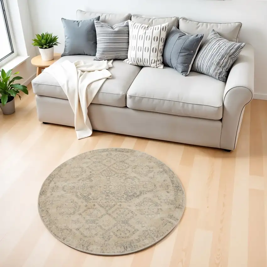 4' Beige And Gray Oriental Distressed Round Rug Photo 1