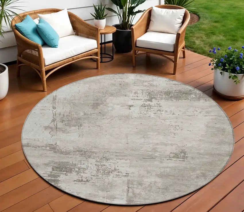 8' Beige And Gray Round Abstract Washable Indoor Outdoor Area Rug Photo 1