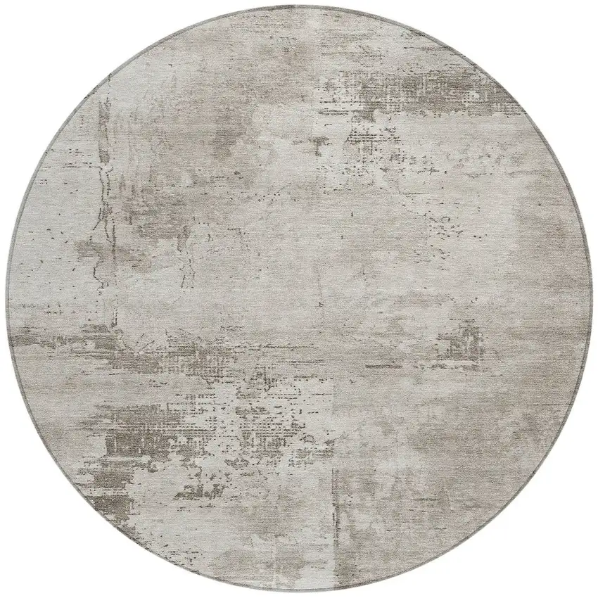 8' Beige And Gray Round Abstract Washable Indoor Outdoor Area Rug Photo 5