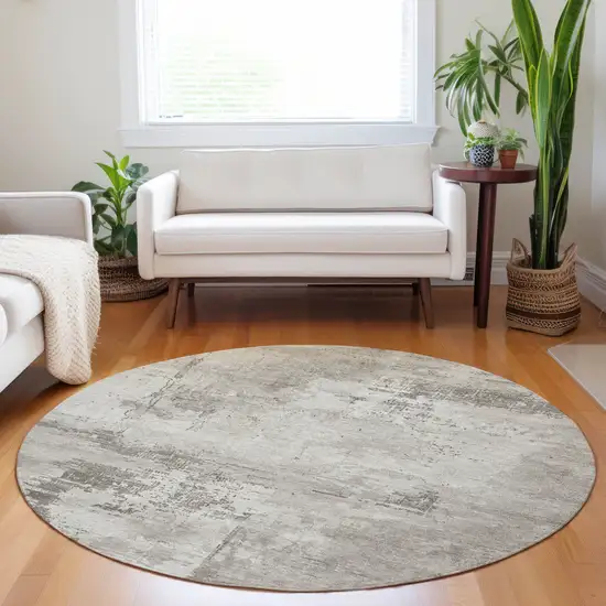 8' Beige And Gray Round Abstract Washable Indoor Outdoor Area Rug Photo 8