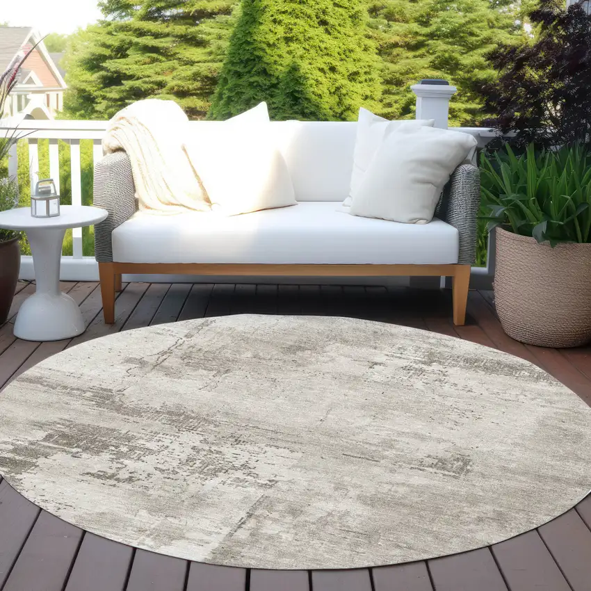 8' Beige And Gray Round Abstract Washable Indoor Outdoor Area Rug Photo 7