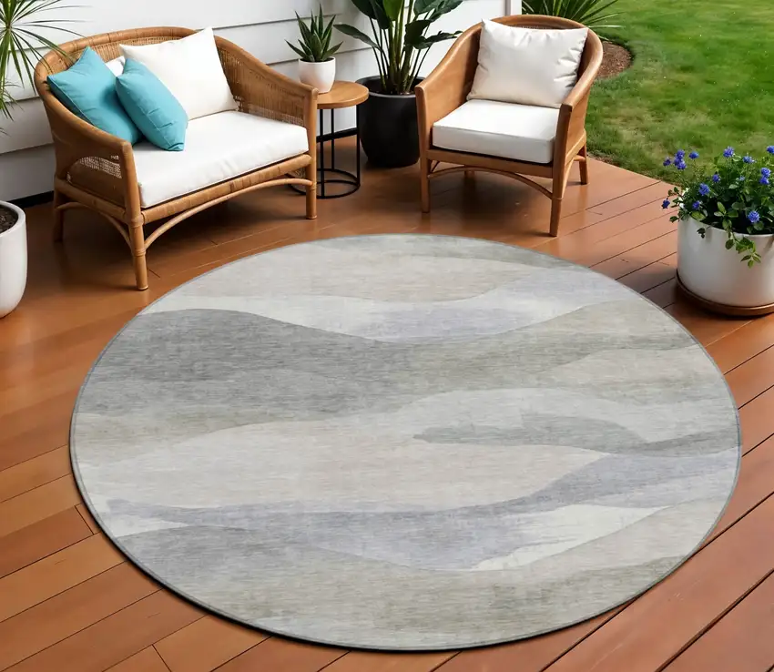 8' Beige And Gray Round Abstract Washable Indoor Outdoor Area Rug Photo 2