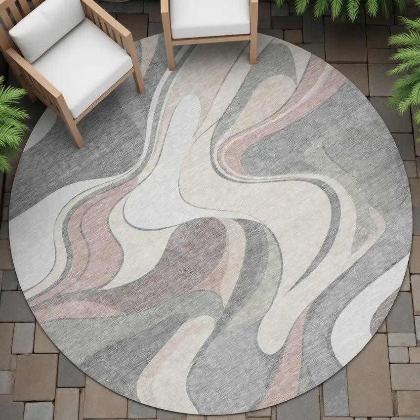 8' Beige And Gray Round Abstract Washable Indoor Outdoor Area Rug Photo 8