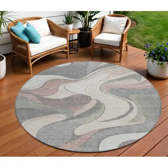 8' Beige And Gray Round Abstract Washable Indoor Outdoor Area Rug Photo 2