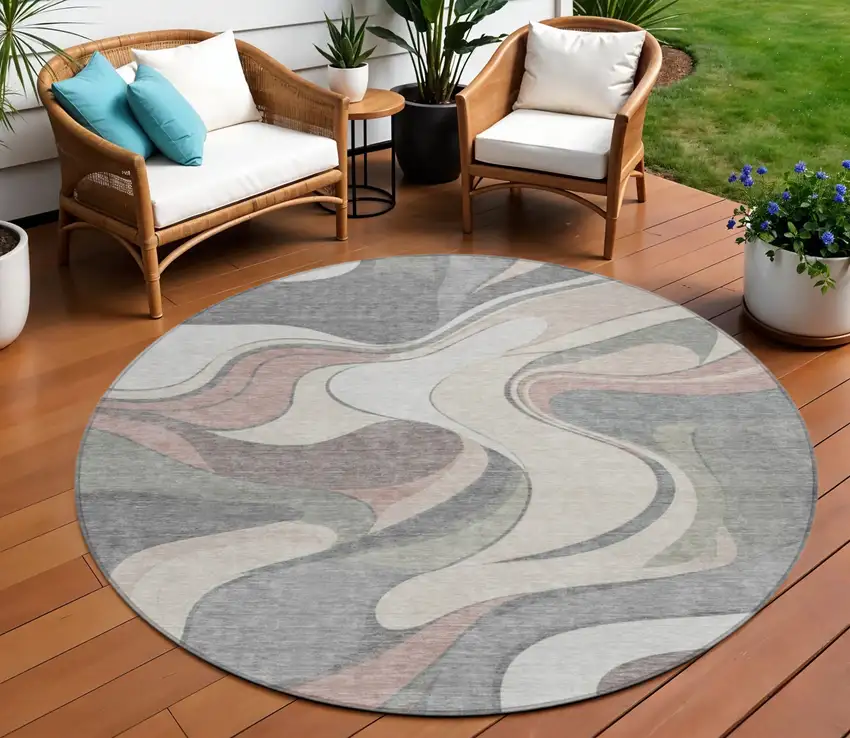8' Beige And Gray Round Abstract Washable Indoor Outdoor Area Rug Photo 2