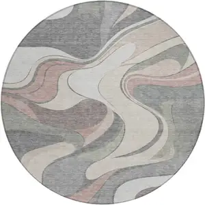 Photo of 8' Beige And Gray Round Abstract Washable Indoor Outdoor Area Rug