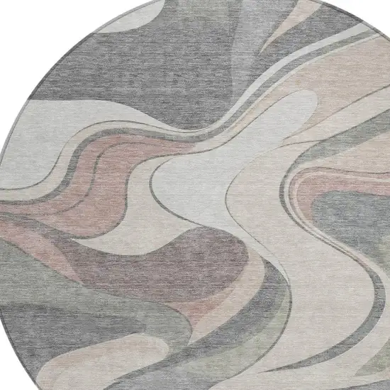8' Beige And Gray Round Abstract Washable Indoor Outdoor Area Rug Photo 5