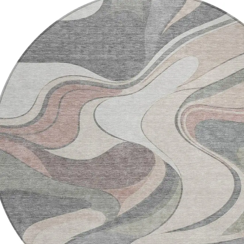 8' Beige And Gray Round Abstract Washable Indoor Outdoor Area Rug Photo 5