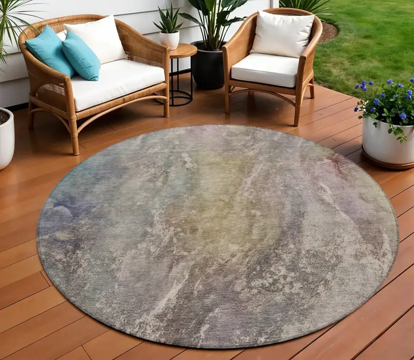 8' Beige And Gray Round Abstract Washable Indoor Outdoor Area Rug Photo 1