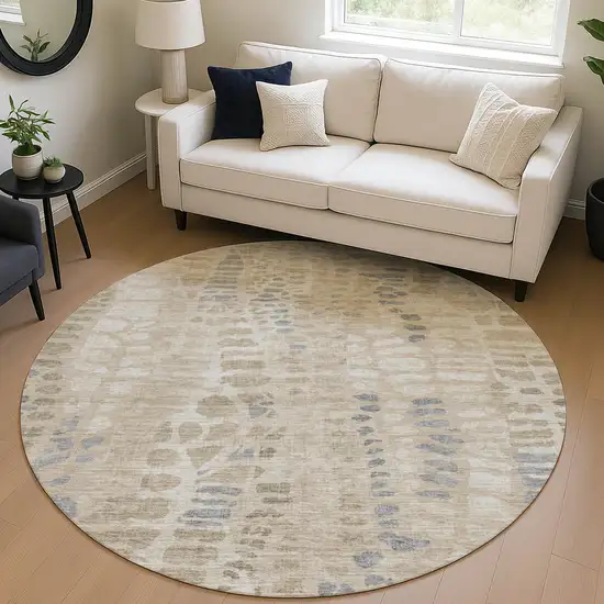 8' Beige And Gray Round Abstract Washable Indoor Outdoor Area Rug Photo 5