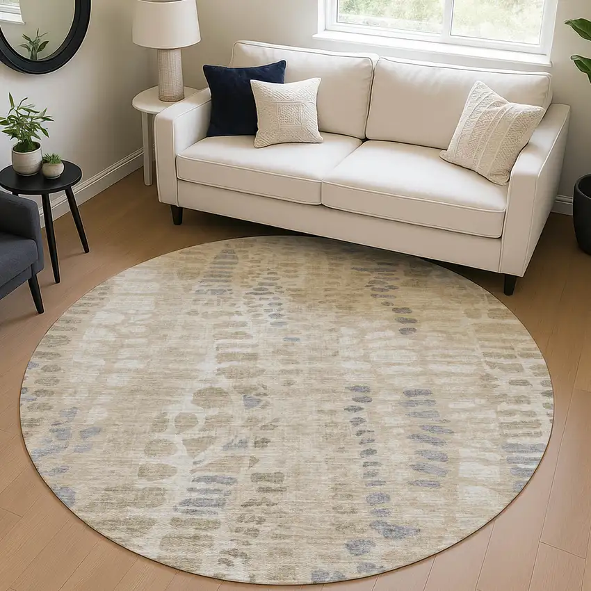 8' Beige And Gray Round Abstract Washable Indoor Outdoor Area Rug Photo 5