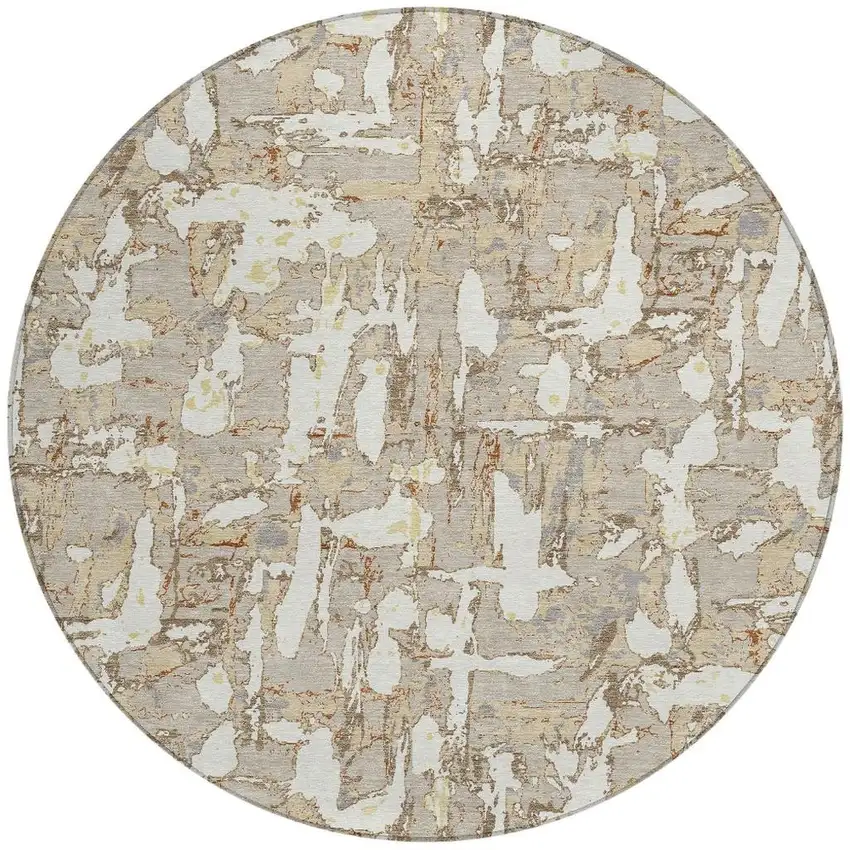 8' Beige And Gray Round Abstract Washable Indoor Outdoor Area Rug Photo 6