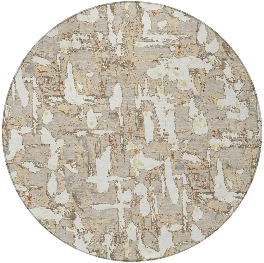 8' Beige And Gray Round Abstract Washable Indoor Outdoor Area Rug Photo 4