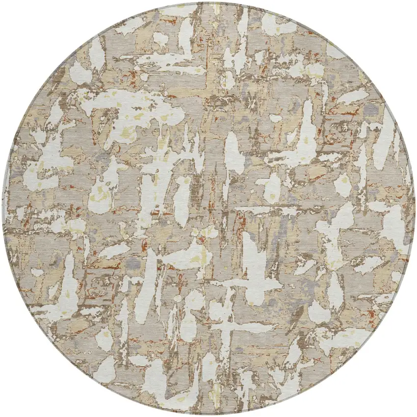 8' Beige And Gray Round Abstract Washable Indoor Outdoor Area Rug Photo 2