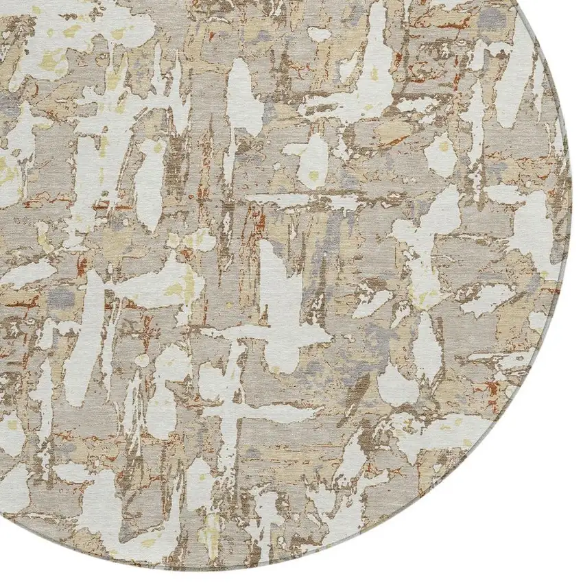 8' Beige And Gray Round Abstract Washable Indoor Outdoor Area Rug Photo 5