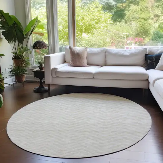 8' Beige And Gray Round Chevron Washable Indoor Outdoor Area Rug Photo 7