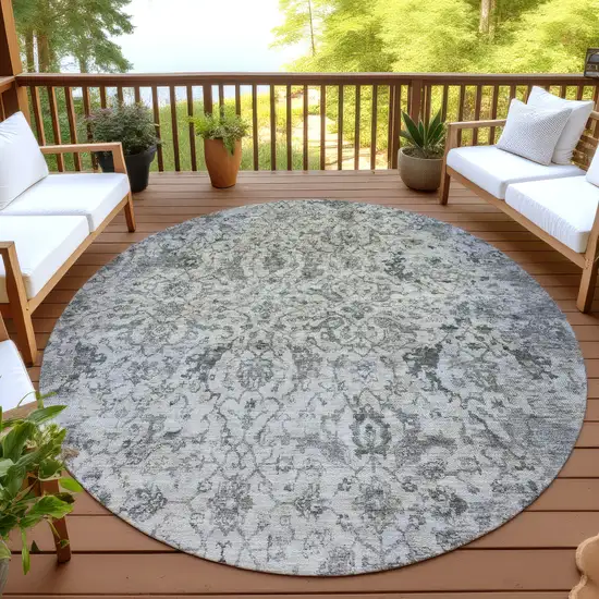 8' Beige And Gray Round Damask Washable Indoor Outdoor Area Rug Photo 4