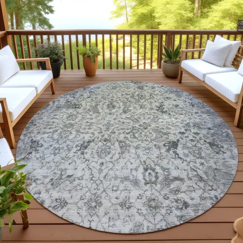 8' Beige And Gray Round Damask Washable Indoor Outdoor Area Rug Photo 4
