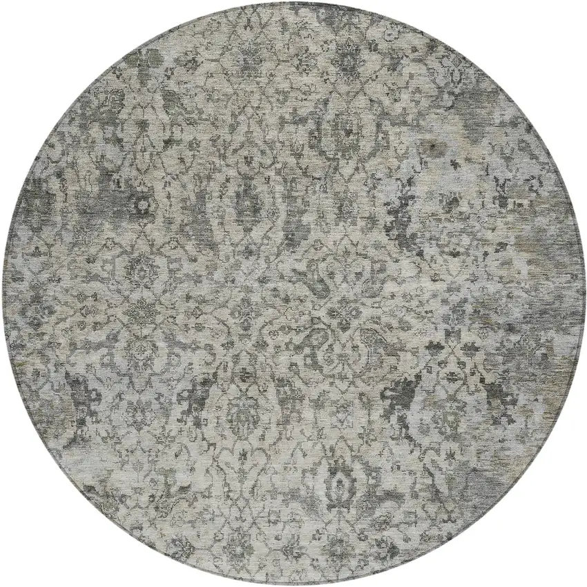 8' Beige And Gray Round Damask Washable Indoor Outdoor Area Rug Photo 1