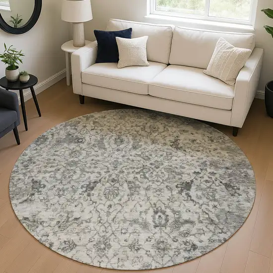 8' Beige And Gray Round Damask Washable Indoor Outdoor Area Rug Photo 5