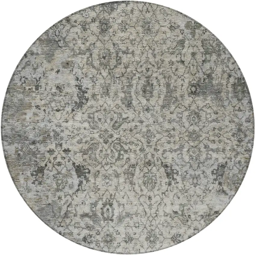 8' Beige And Gray Round Damask Washable Indoor Outdoor Area Rug Photo 3