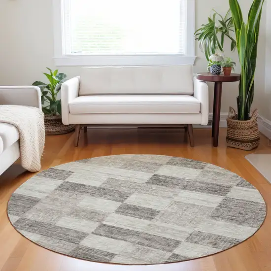 8' Beige And Gray Round Geometric Washable Indoor Outdoor Area Rug Photo 8