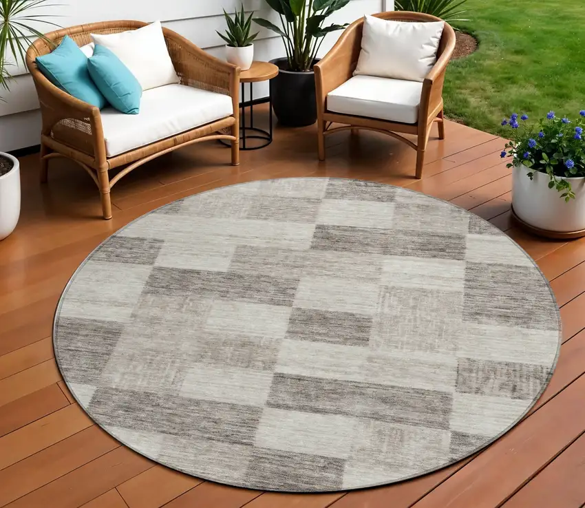 8' Beige And Gray Round Geometric Washable Indoor Outdoor Area Rug Photo 1