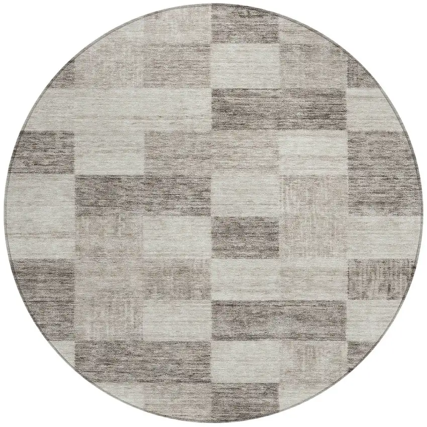 8' Beige And Gray Round Geometric Washable Indoor Outdoor Area Rug Photo 5