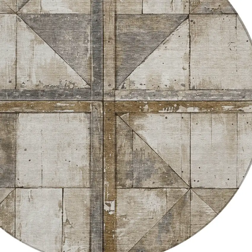 8' Beige And Gray Round Geometric Washable Indoor Outdoor Area Rug Photo 9