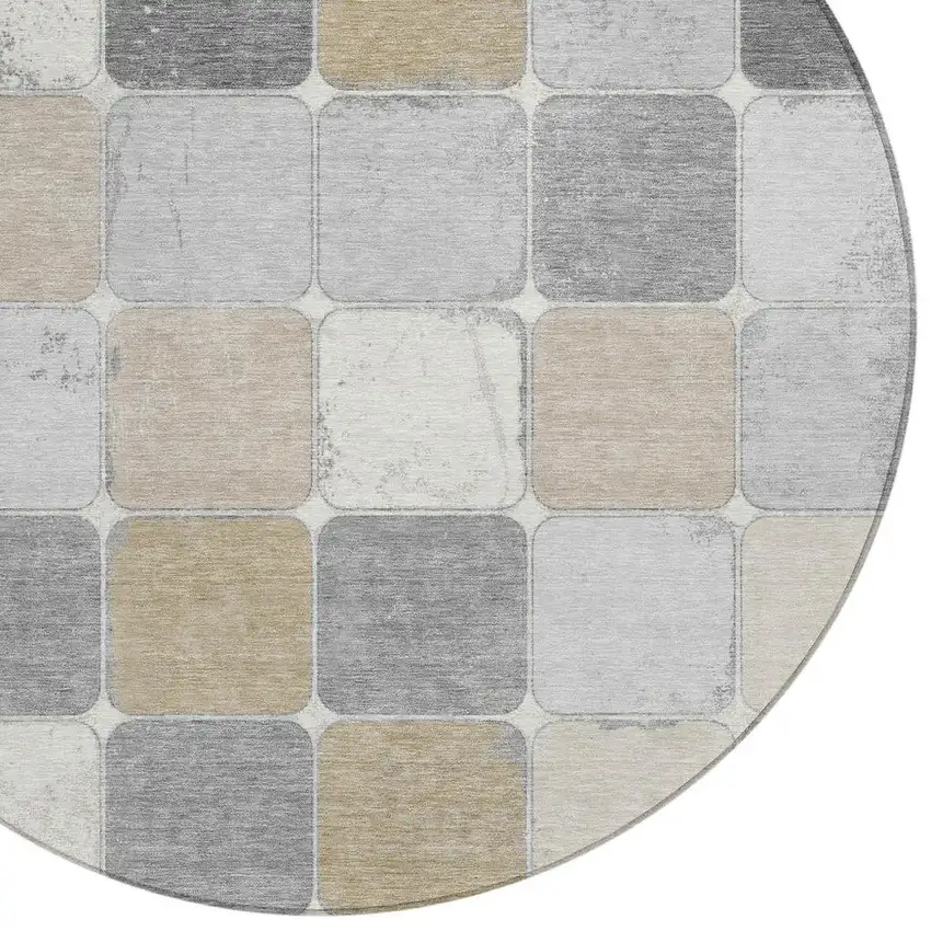 8' Beige And Gray Round Geometric Washable Indoor Outdoor Area Rug Photo 4
