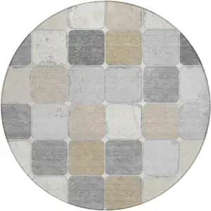 Photo of 8' Beige And Gray Round Geometric Washable Indoor Outdoor Area Rug