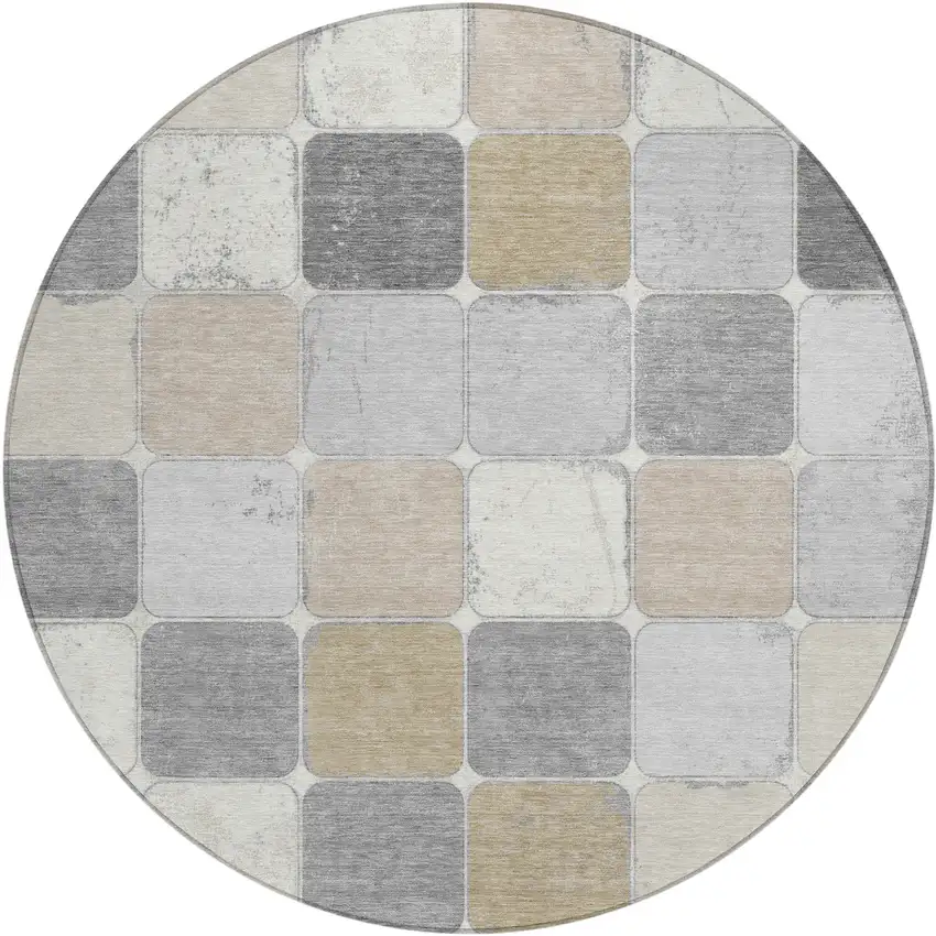 8' Beige And Gray Round Geometric Washable Indoor Outdoor Area Rug Photo 1