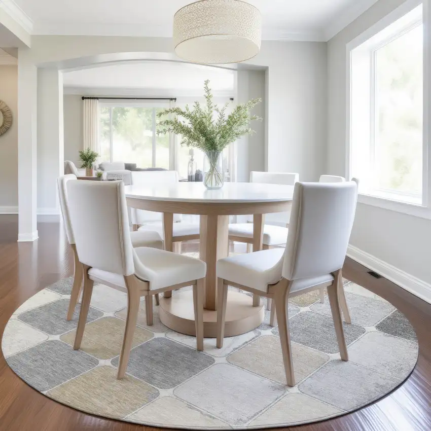 8' Beige And Gray Round Geometric Washable Indoor Outdoor Area Rug Photo 7