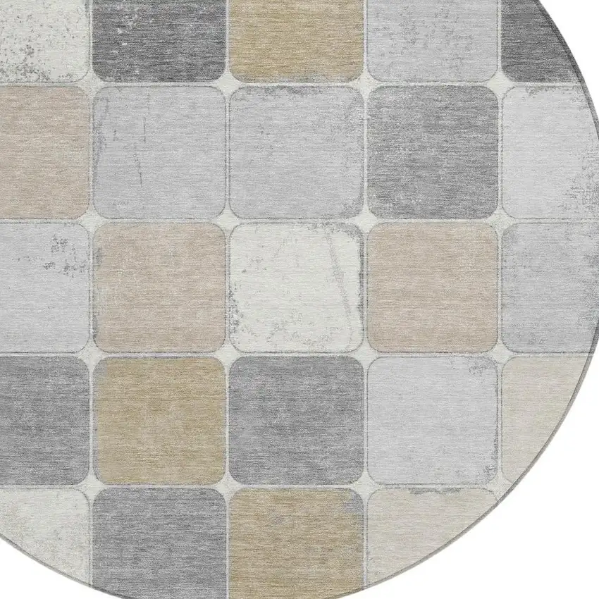8' Beige And Gray Round Geometric Washable Indoor Outdoor Area Rug Photo 9