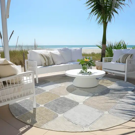 8' Beige And Gray Round Geometric Washable Indoor Outdoor Area Rug Photo 6