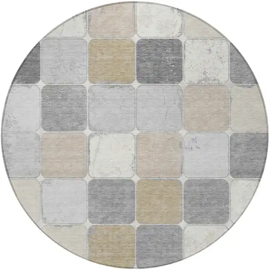 8' Beige And Gray Round Geometric Washable Indoor Outdoor Area Rug Photo 3