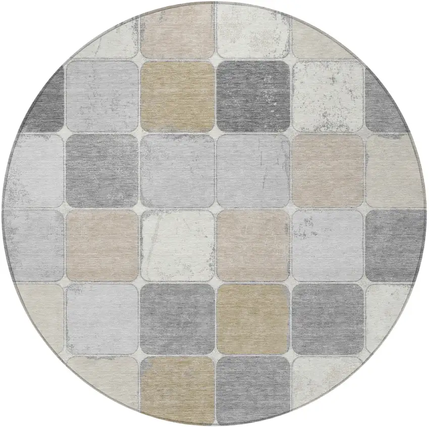 8' Beige And Gray Round Geometric Washable Indoor Outdoor Area Rug Photo 3