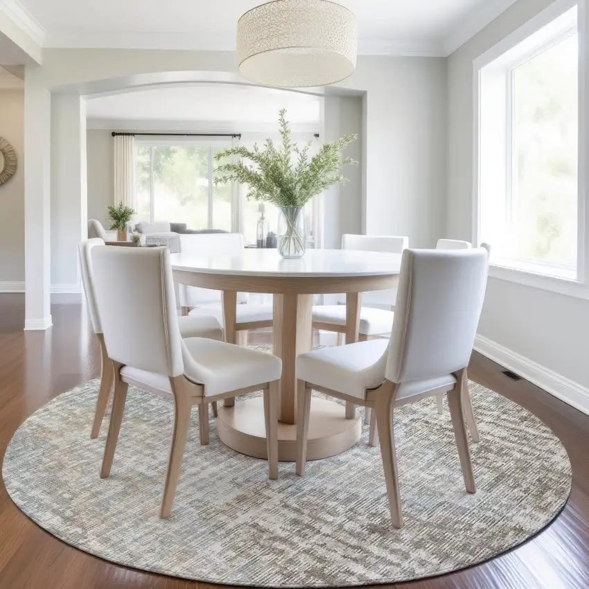 8' Beige And Gray Round Geometric Washable Indoor Outdoor Area Rug Photo 6