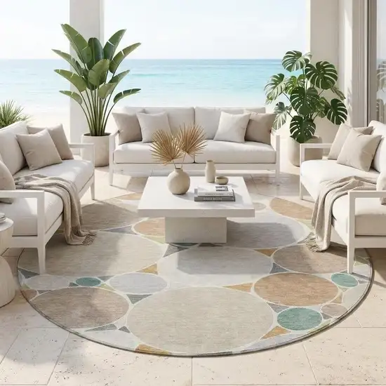 8' Beige And Gray Round Geometric Washable Indoor Outdoor Area Rug Photo 1