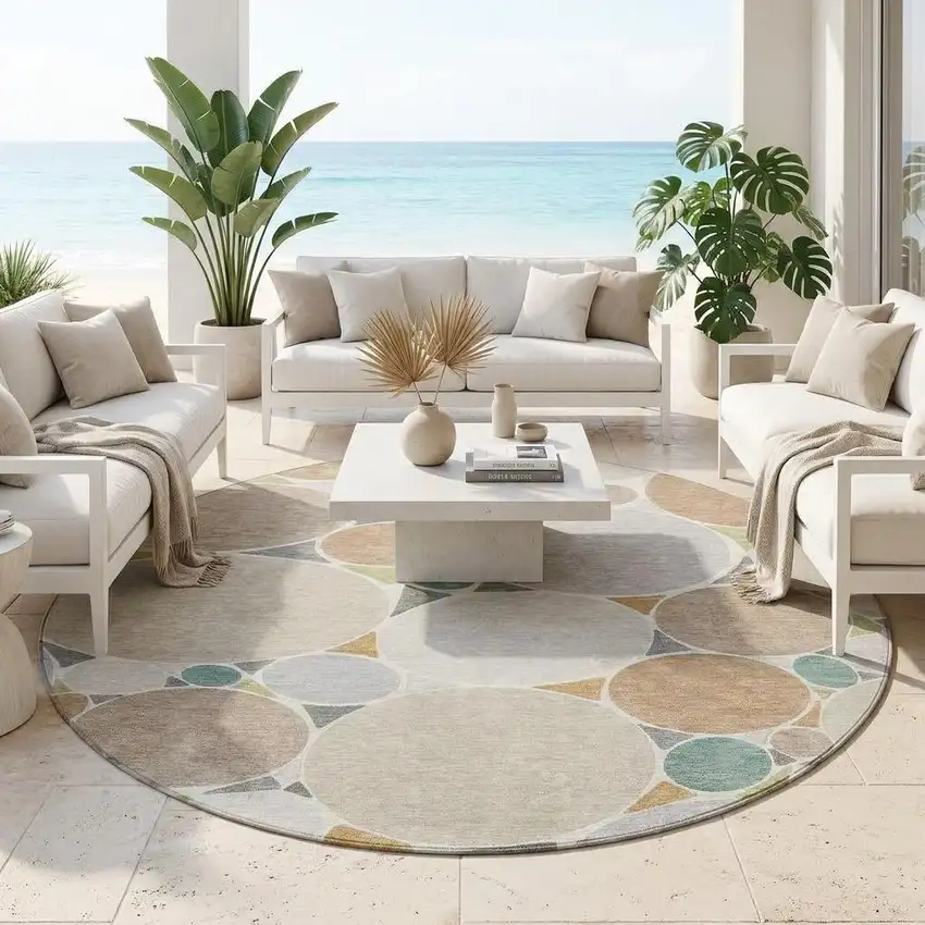 8' Beige And Gray Round Geometric Washable Indoor Outdoor Area Rug Photo 1