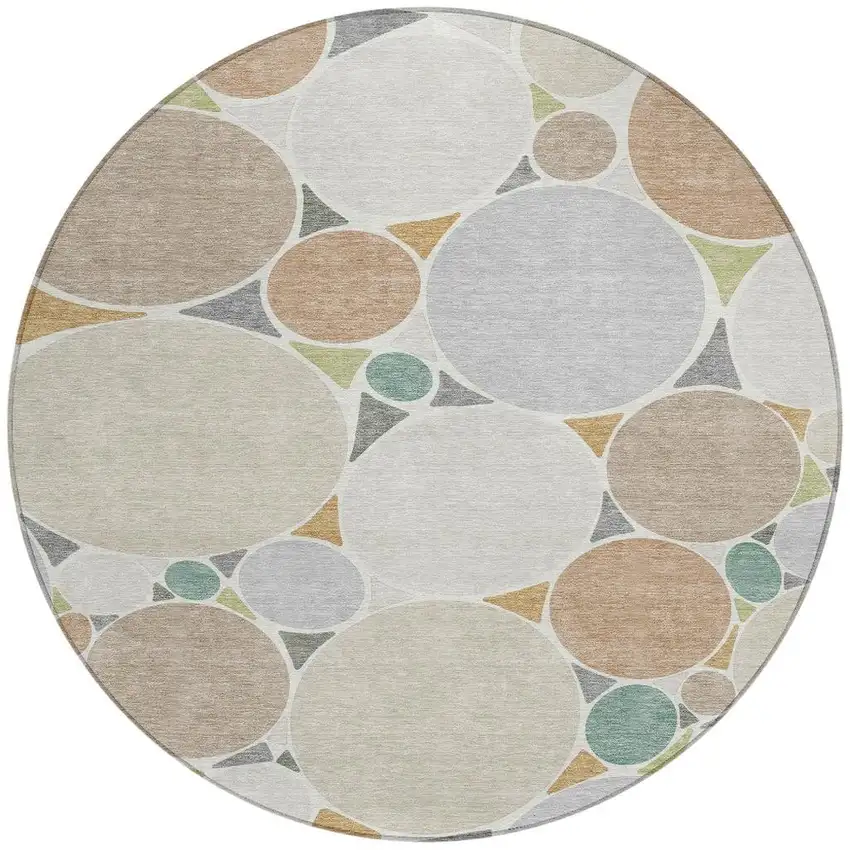 8' Beige And Gray Round Geometric Washable Indoor Outdoor Area Rug Photo 4