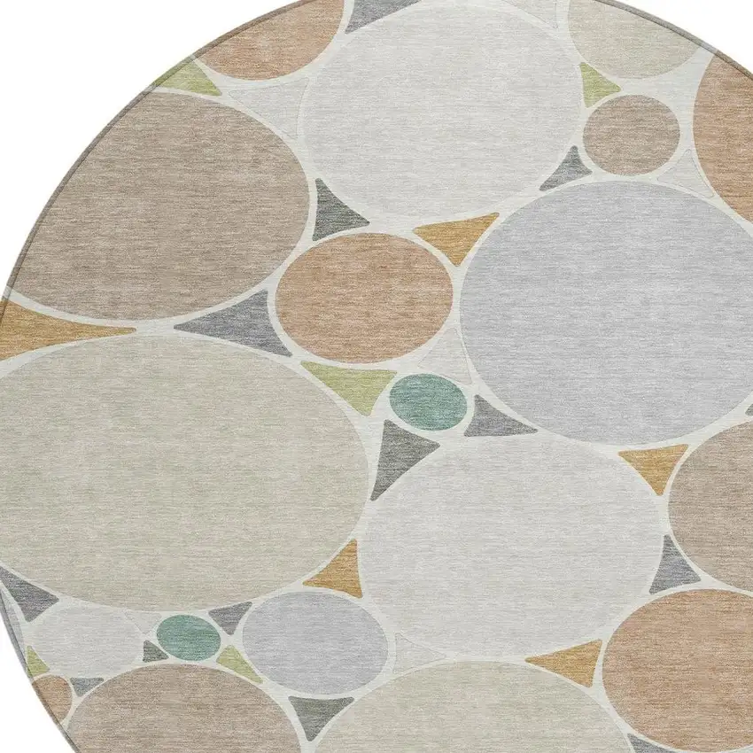 8' Beige And Gray Round Geometric Washable Indoor Outdoor Area Rug Photo 2