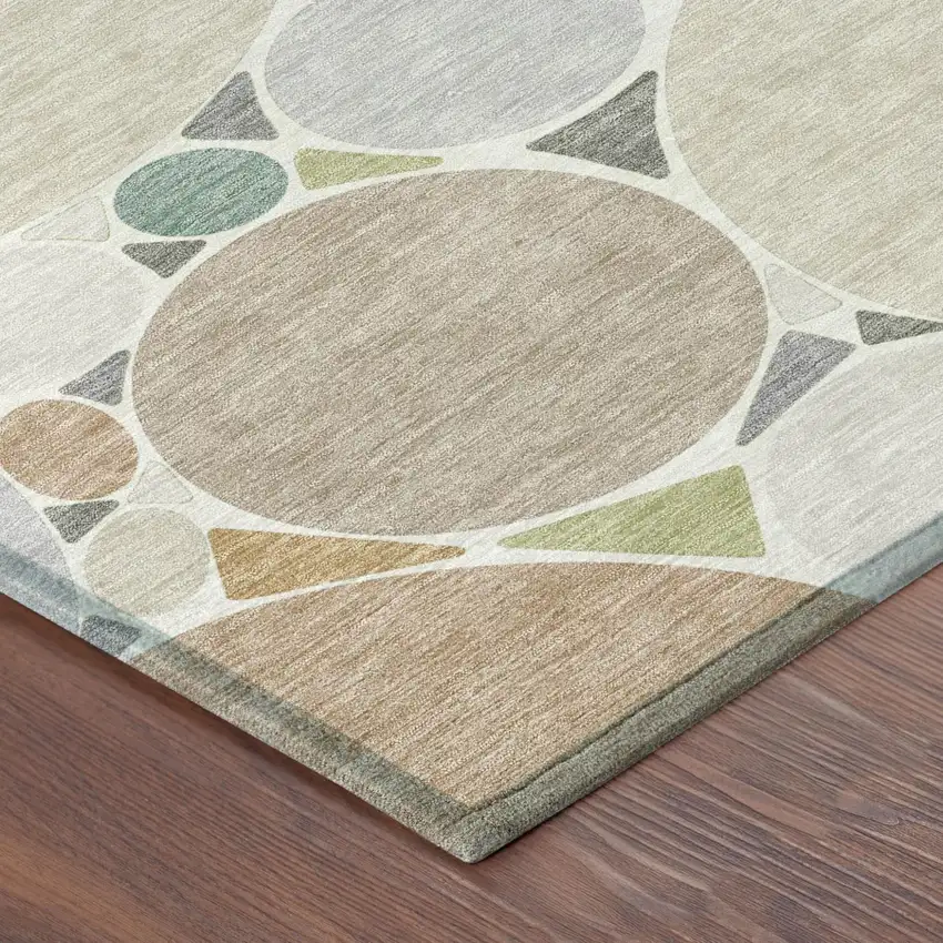 8' Beige And Gray Round Geometric Washable Indoor Outdoor Area Rug Photo 5
