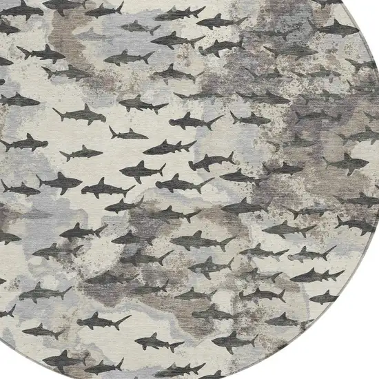 8' Beige And Gray Round Horse Washable Indoor Outdoor Area Rug Photo 2