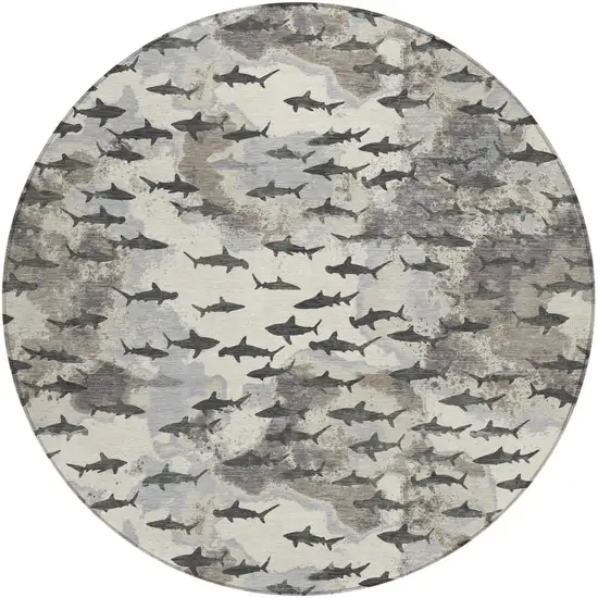 8' Beige And Gray Round Horse Washable Indoor Outdoor Area Rug Photo 1