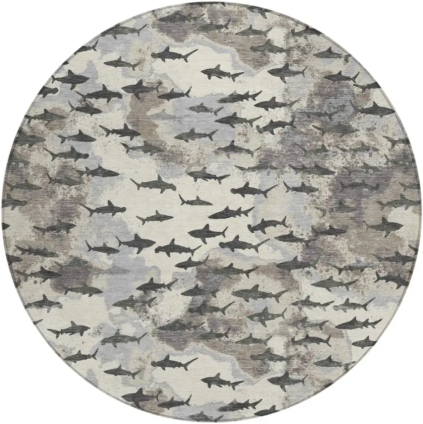8' Beige And Gray Round Horse Washable Indoor Outdoor Area Rug Photo 1