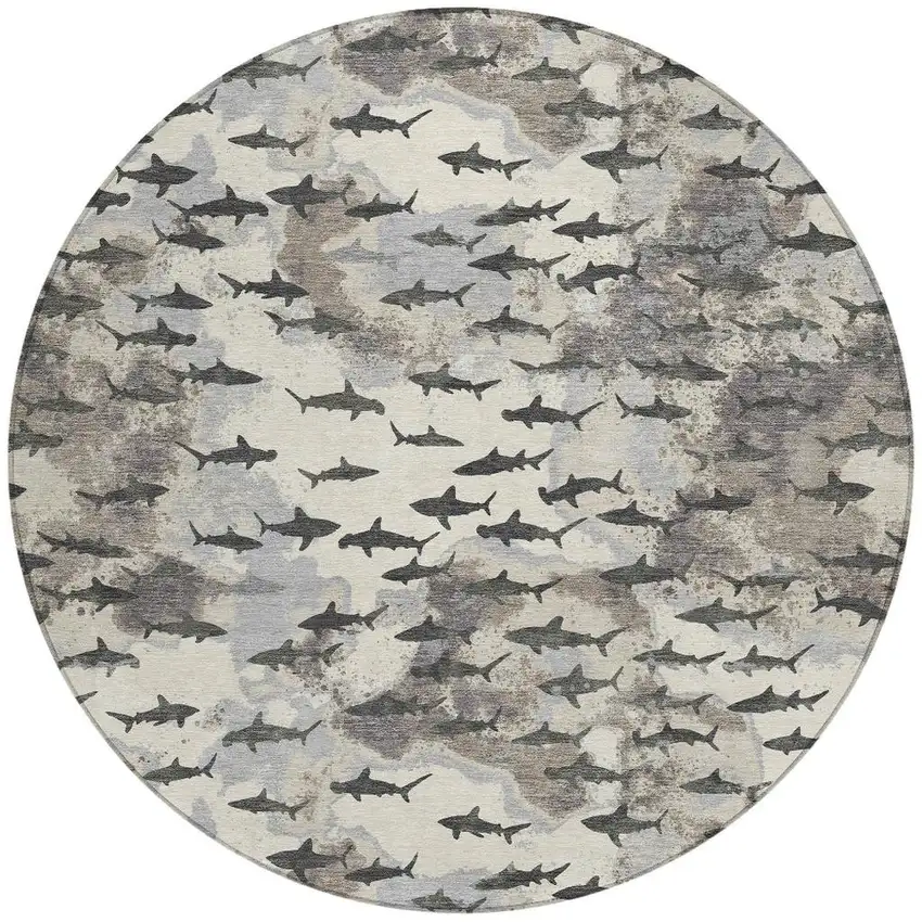 8' Beige And Gray Round Horse Washable Indoor Outdoor Area Rug Photo 3